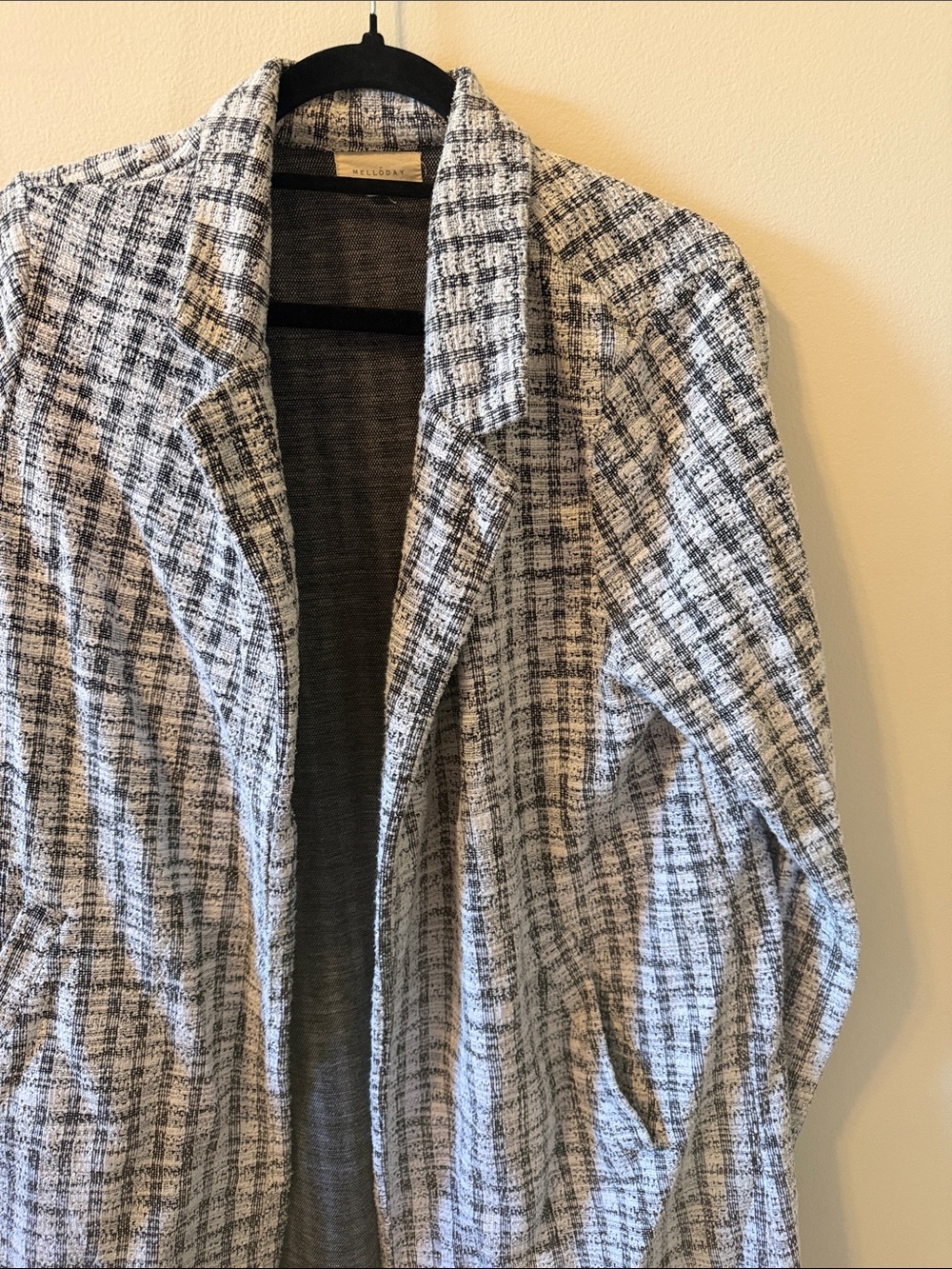 MELLODAY Black and White Tweed Open Front Blazer Jacket